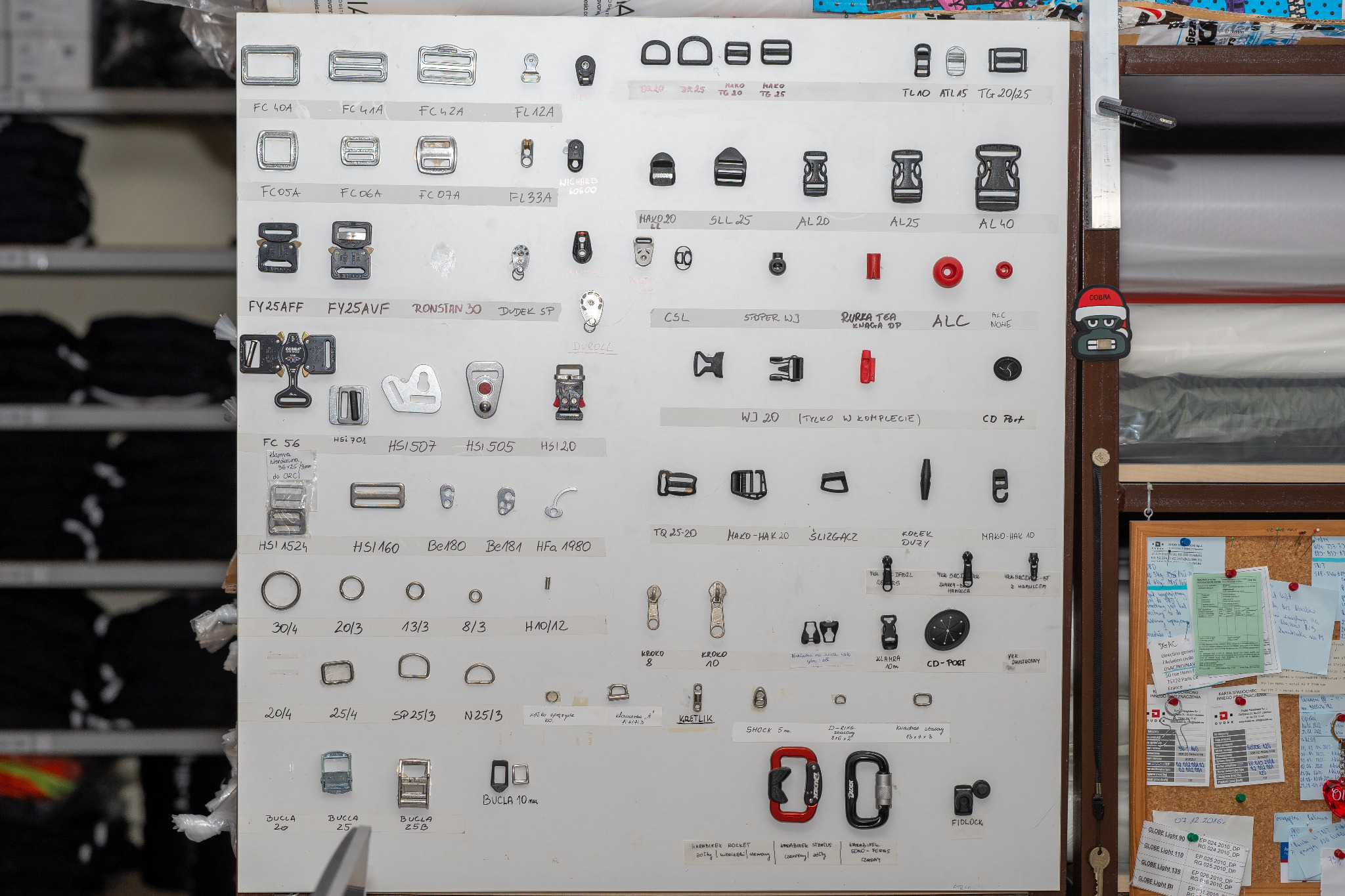 Ekspozycja różnorodnych metalowych i plastikowych akcesoriów krawieckich, takich jak klamry, regulatory, karabińczyki i zamki błyskawiczne, uporządkowanych na białej tablicy z etykietami,...