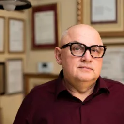 Portret mężczyzny w okularach na tle ściany z certyfikatami i nagrodami.