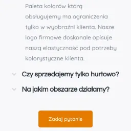 Zrzut ekranu strony internetowej speks.pl z sekcją FAQ, prezentujący pytania klientów dotyczące oferty kolorystycznej i sprzedaży hurtowej, z pomarańczowym przyciskiem 'Zadaj pytanie'...