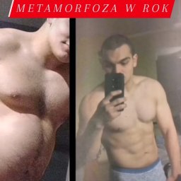 Łukasz Klonowski - Roczna metamorfoza sylwetki mężczyzny: zdjęcie przed i po, widoczna redukcja tkanki tłuszczowej i wzrost masy mięśniowej, selfie w lustrze.