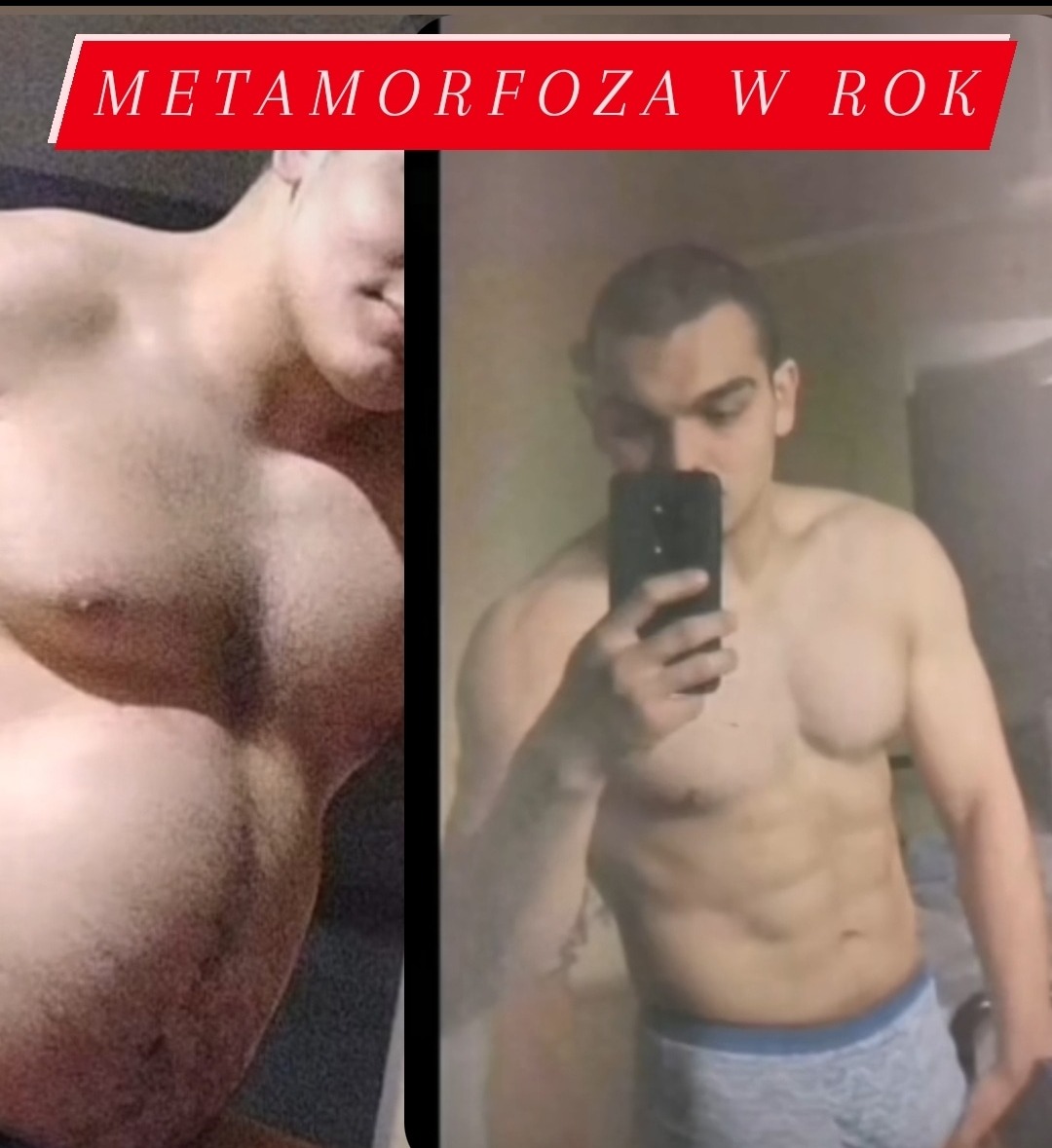 Roczna metamorfoza sylwetki mężczyzny: zdjęcie przed i po, widoczna redukcja tkanki tłuszczowej i wzrost masy mięśniowej, selfie w lustrze.