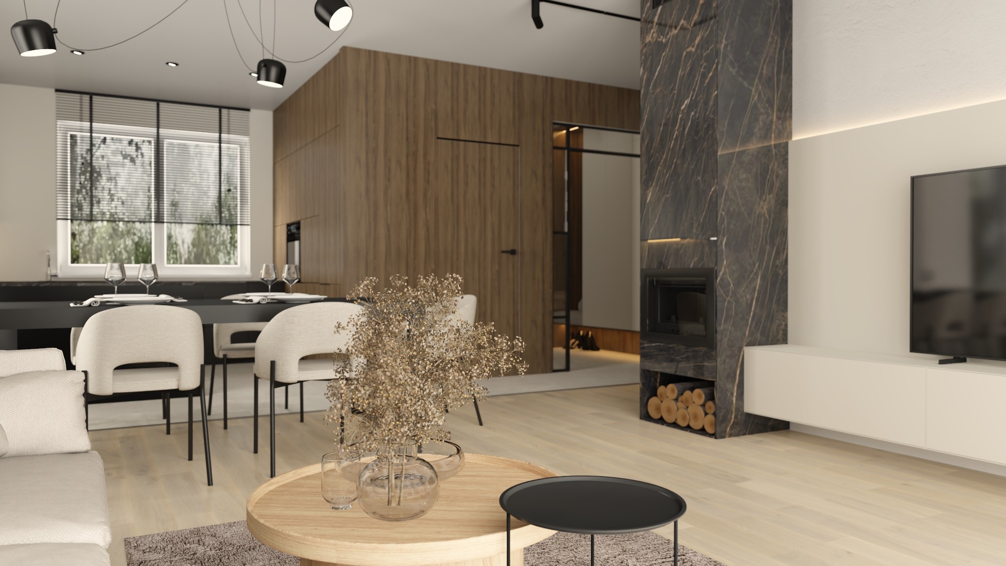 Jasne wnętrze salonu z jadalnią w stylu nowoczesnym: drewniana ściana, marmurowy kominek z drewnem, kremowa sofa i krzesła, okrągły stolik kawowy z dekoracyjnym bukietem, stół z nakryciem...