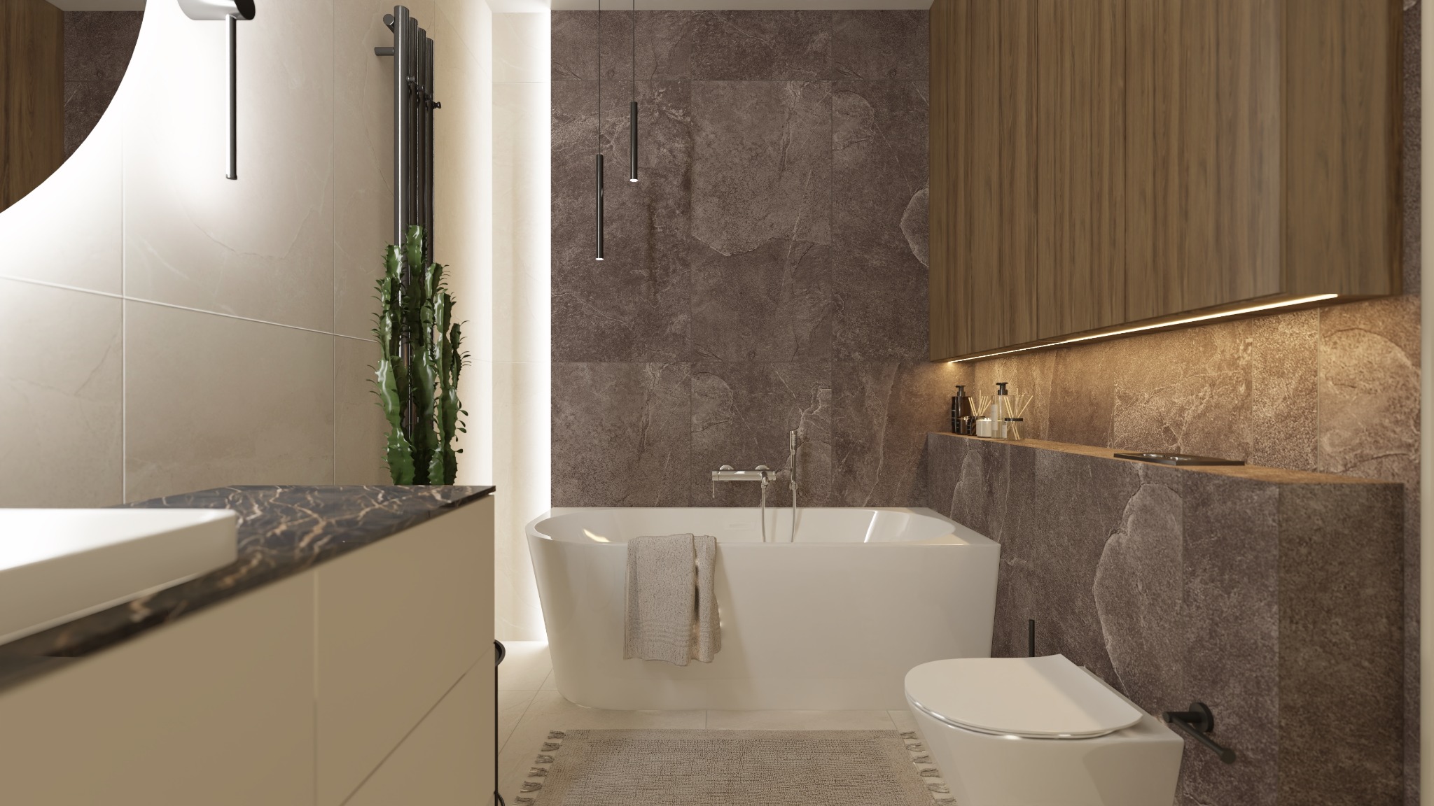 Nowoczesna łazienka z wolnostojącą wanną, marmurowymi płytkami w odcieniach brązu, drewnianymi szafkami podświetlonymi LED oraz wysokim kaktusem obok grzejnika.