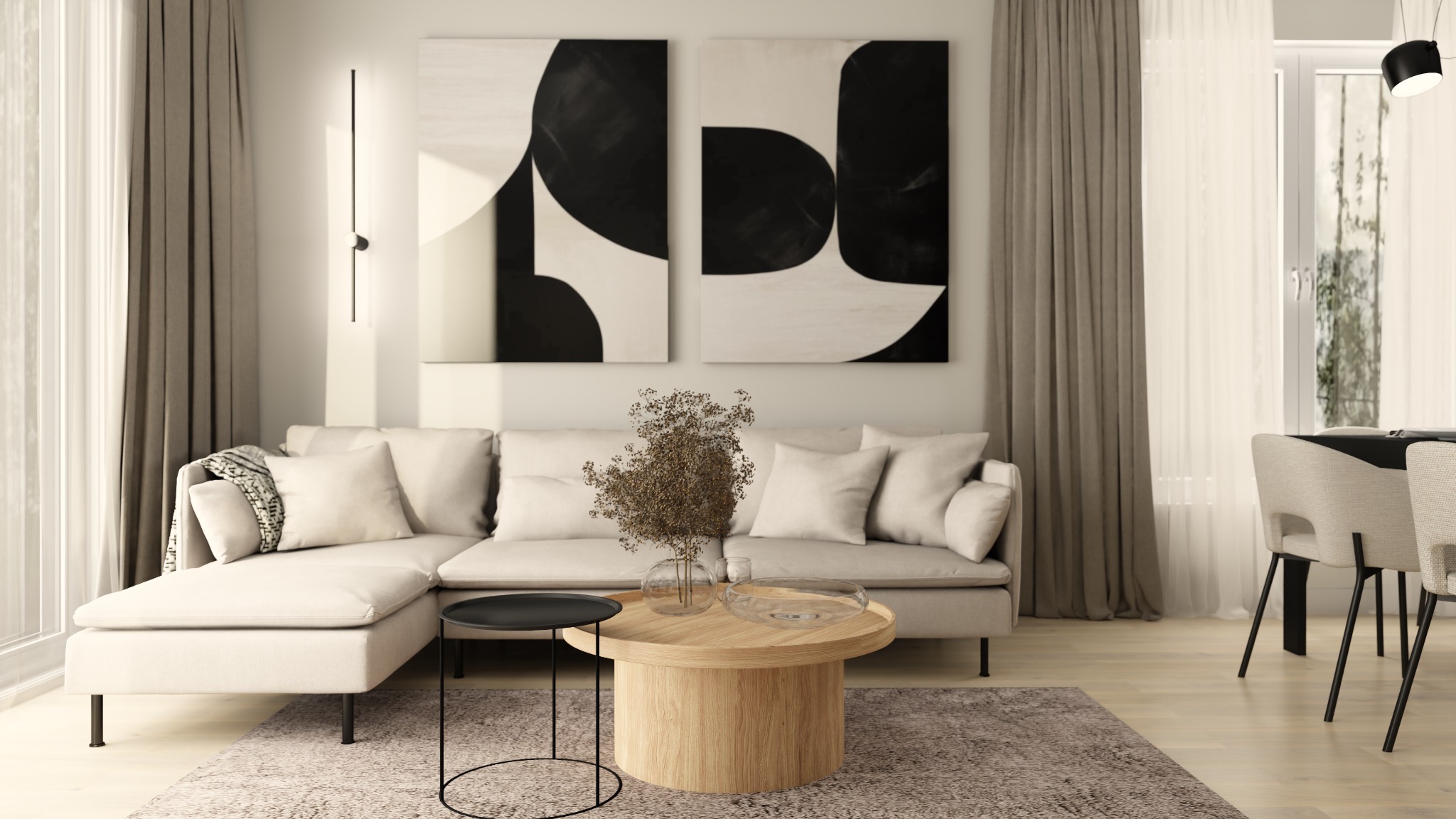 Jasny narożnik z poduszkami, drewniany okrągły stolik kawowy z dekoracją, abstrakcyjne obrazy na ścianie, minimalistyczna lampa ścienna i krzesła jadalne w tle.