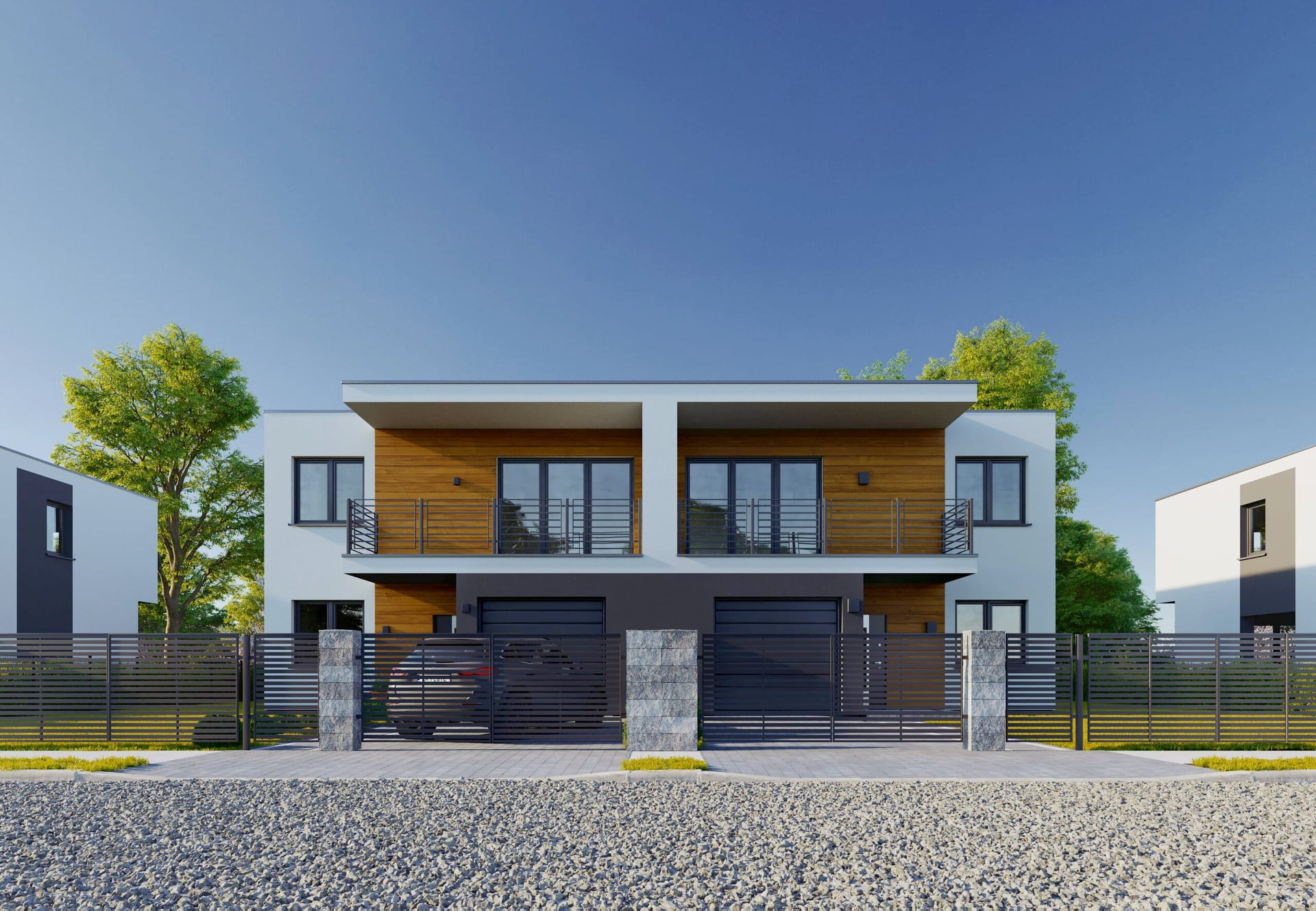 Wizualizacja bliźniaka z drewnianą elewacją, balkonami z metalowymi barierkami i grafitowym ogrodzeniem panelowym, z widocznym samochodem zaparkowanym w garażu.
