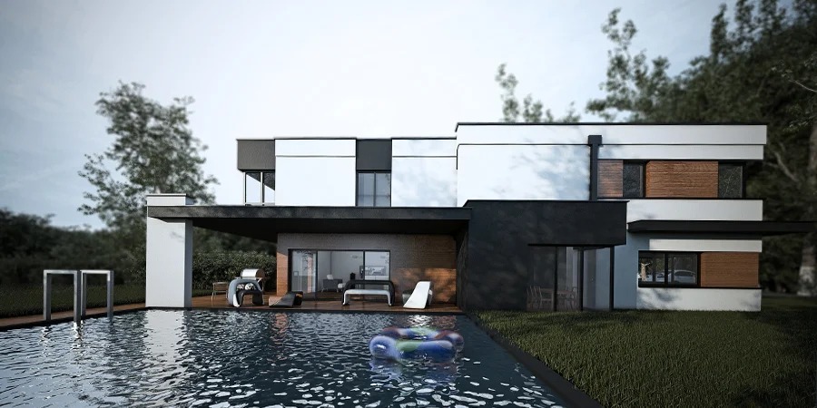 Nowoczesny dom z płaskim dachem i basenem, z widocznym dmuchanym kołem w wodzie. Elewacja w bieli, czerni i drewnie. W tle zieleń drzew.
