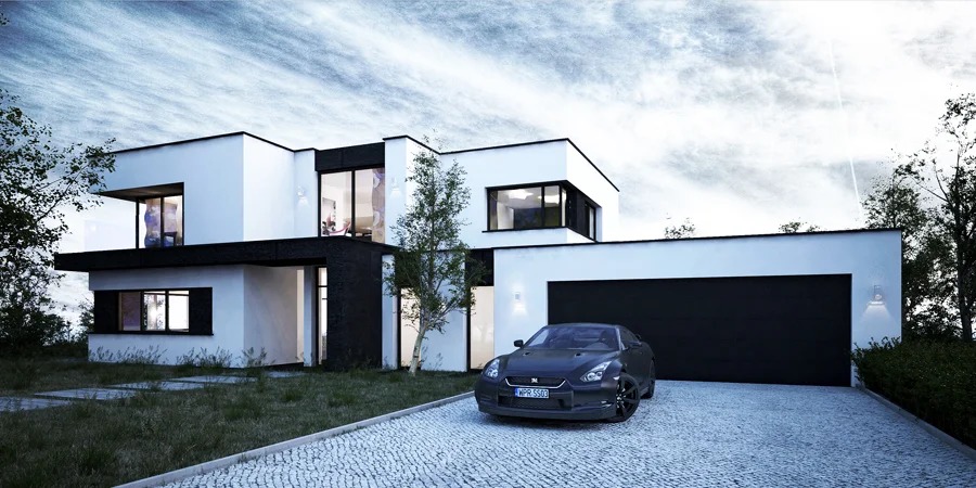 Nowoczesny, dwukondygnacyjny dom z płaskim dachem, białą elewacją z czarnymi akcentami i dużymi oknami, zaparkowany sportowy samochód Nissan GT-R na brukowanym podjeździe.