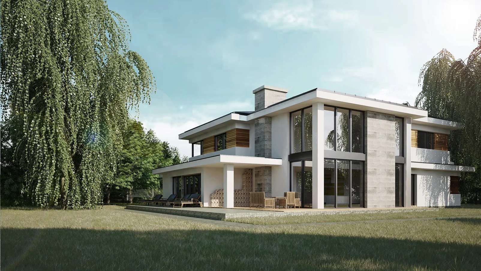 Nowoczesny, dwukondygnacyjny dom z płaskim dachem, wykończony białym tynkiem i elementami z szarego kamienia, widoczny z perspektywy ogrodu w słoneczny dzień. Na tarasie leżaki i drewniane meble...