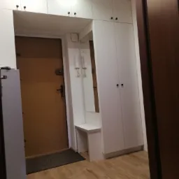 Biała szafa z lustrem i siedziskiem w przedpokoju, widoczna brązowa podłoga i drzwi wejściowe.