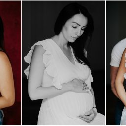 Fotografia Paweł Wojtaszek - studio fotograficzne Poznań - Kolaż trzech ujęć: przyszła mama w sportowym topie na tle bordowej ściany, czarno-białe zdjęcie kobiety w zwiewnej sukience z rękami na brzuchu, para obejmująca ciążowy brzuszek w białej sukience.