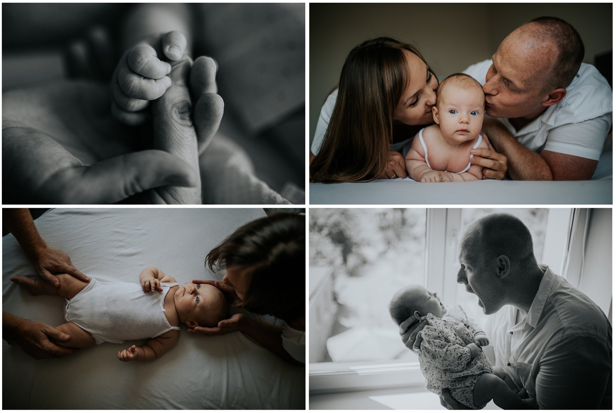 Kolaż z czterech ujęć noworodka: czarno-białe zbliżenie dłoni dziecka trzymającej palec dorosłego, rodzice całujący dziecko leżące na brzuszku, rodzice układający dziecko na białym prześcieradle...