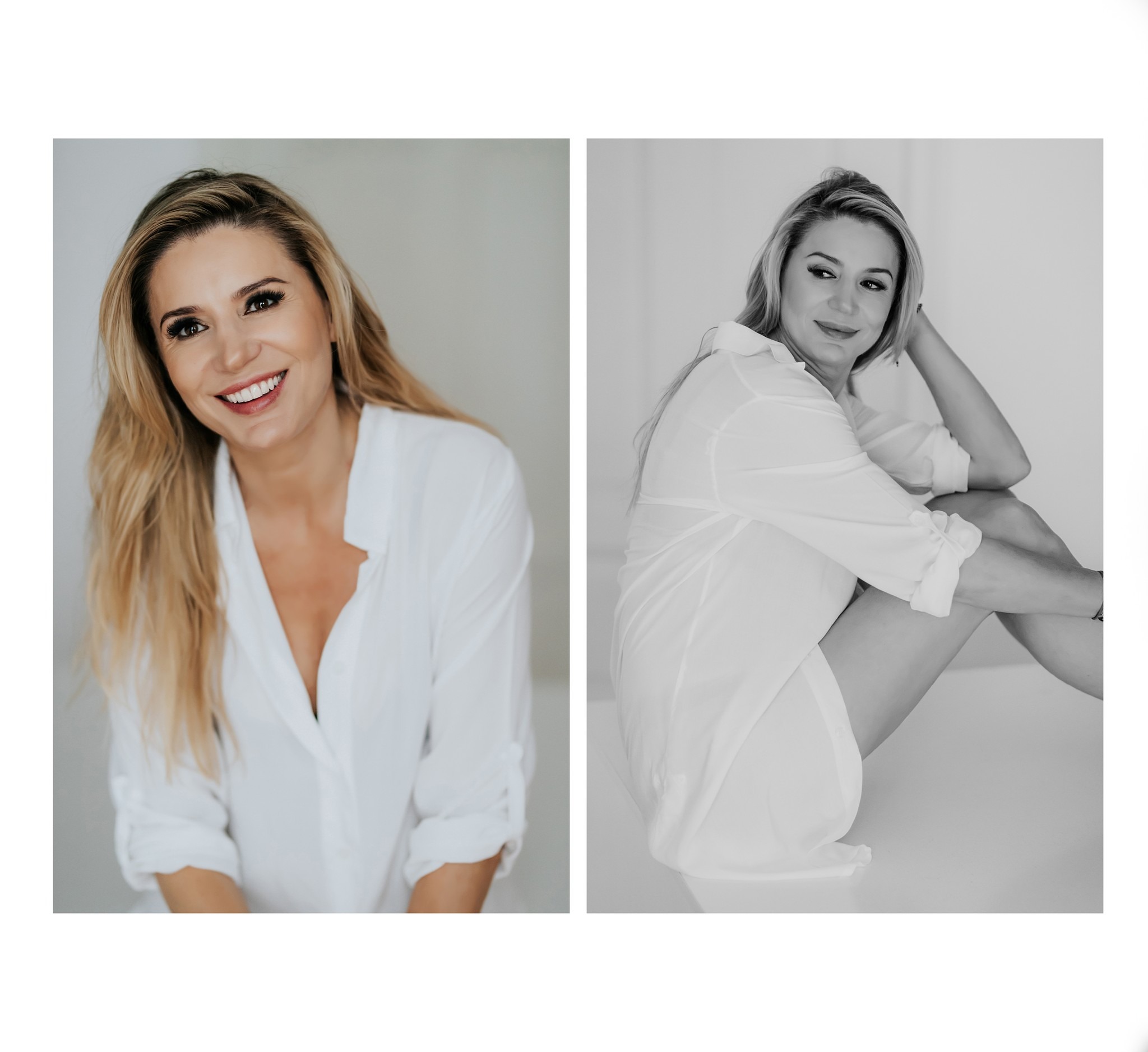 Dwie portretowe kompozycje kobiety w białej koszuli: po lewej uśmiechnięta, z długimi blond włosami, po prawej w czerni i bieli, siedząca z podkulonymi nogami i ręką pod głową.