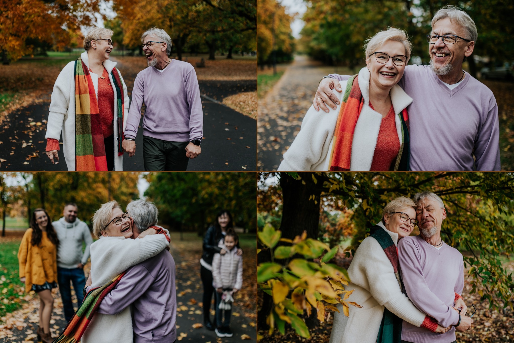 Cztery kadry z sesji rodzinnej w jesiennym parku: uśmiechnięta para seniorów spaceruje, obejmuje się na tle kolorowych drzew, w tle widoczne inne osoby.