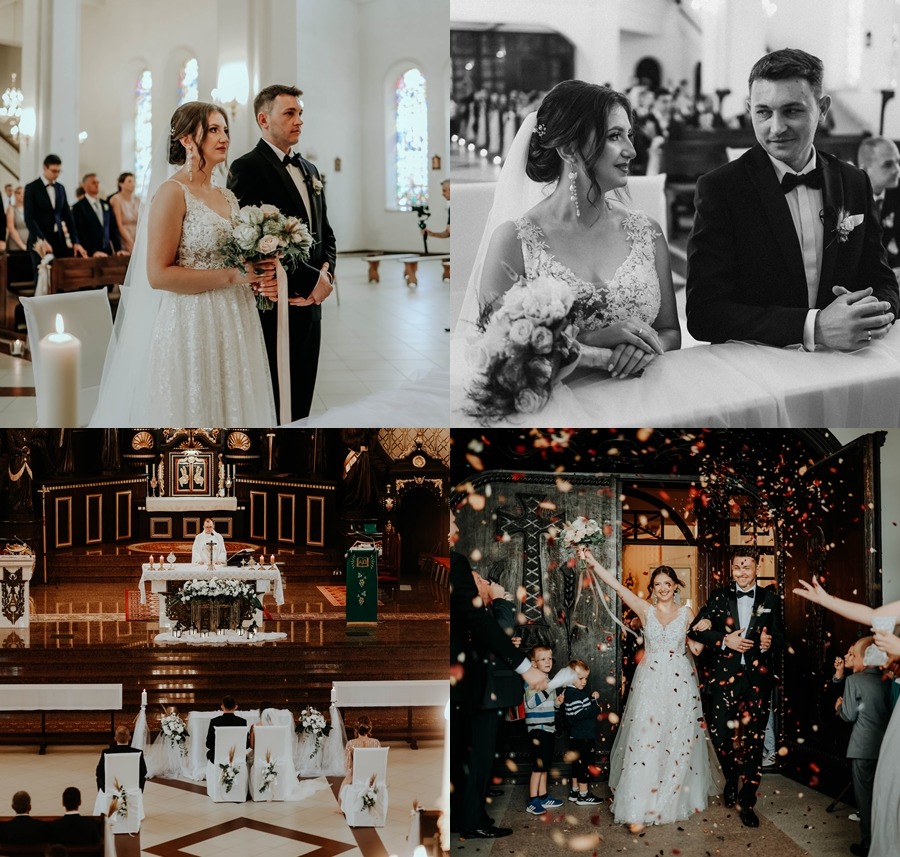 Kolaż z czterech ujęć z ceremonii ślubnej: para młoda w kościele, przysięga małżeńska, widok na ołtarz z księdzem, wyjście z kościoła w deszczu konfetti.