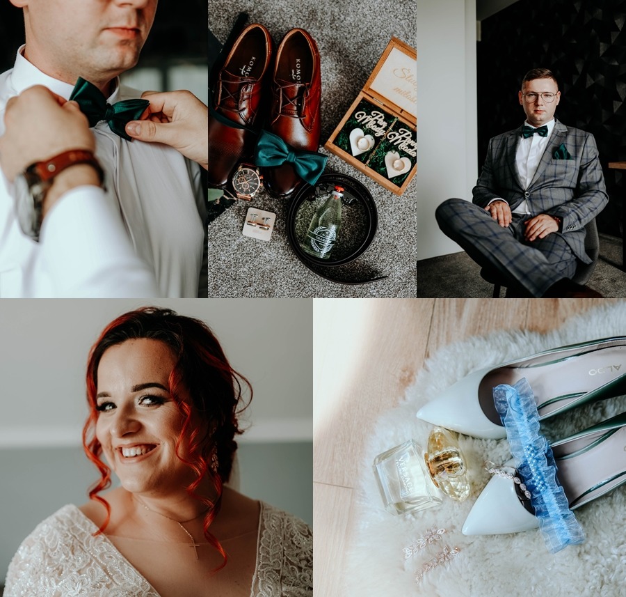 Kolaż zdjęć z przygotowań do ślubu: pan młody poprawiający muszkę, buty, zegarek i akcesoria, portret uśmiechniętej panny młodej, buty ślubne z podwiązką i perfumy.