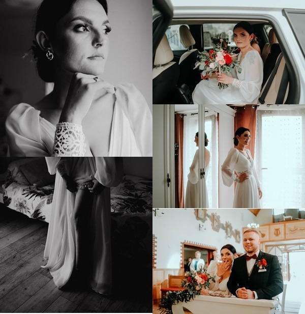 Czarno-biała kompozycja zdjęć z przygotowań ślubnych: portret panny młodej, bukiet w samochodzie, odbicie w lustrze, podwiązka i ceremonia ślubna z parą młodą.