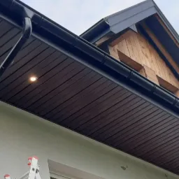 Fragment domu z brązową podbitką dachową z wbudowanymi punktowymi lampami, czarne rynny oraz fragment drewnianej konstrukcji dachu widoczne na tle pochmurnego nieba.