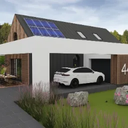 Wizualizacja nowoczesnego domu jednorodzinnego z panelami słonecznymi, białym Porsche Cayenne zaparkowanym w garażu, numerem domu '44', tarasem z grillem i stołem jadalnym, oraz kwitnącymi drzewami...