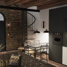 Wnętrze mieszkania w stylu loft z ceglaną ścianą, spiralnymi schodami, czarną zabudową kuchenną z miedzianymi akcentami i sofą z geometrycznym wzorem.