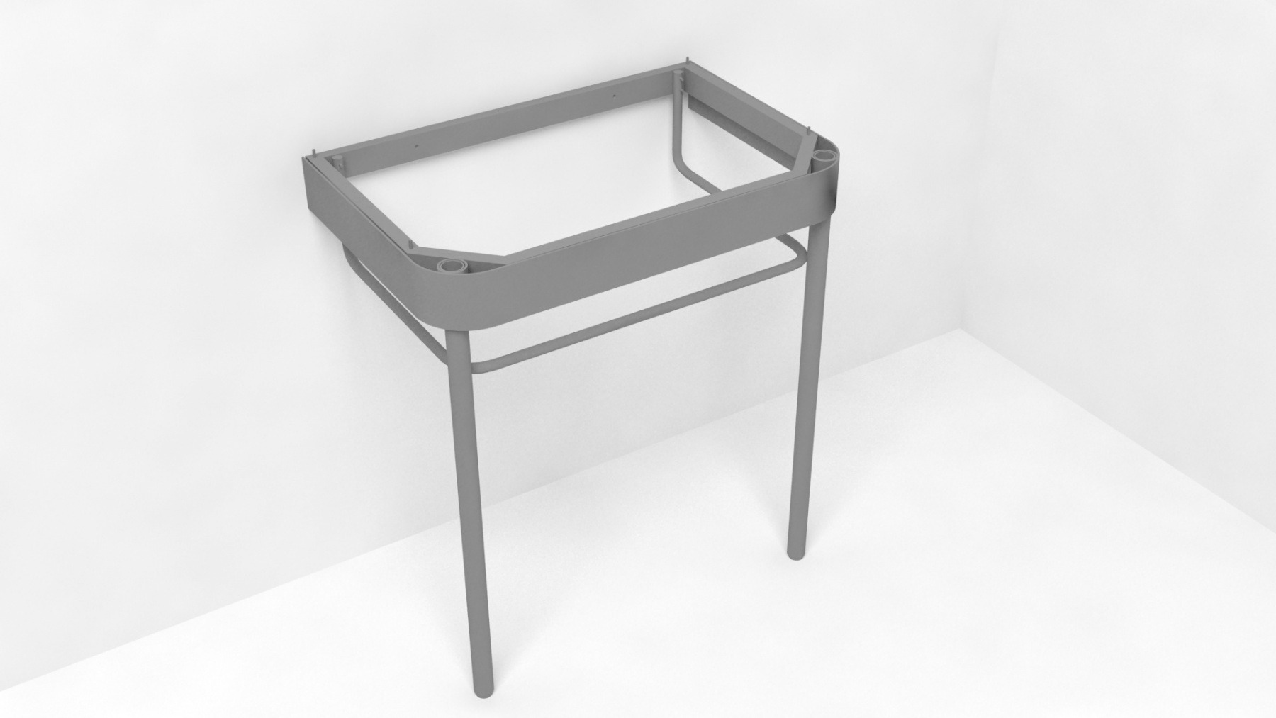Szara metalowa konstrukcja pod umywalkę, przymocowana do ściany, widok z góry.
