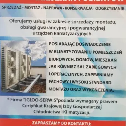 Baner reklamowy firmy IGLOO-SERWIS oferującej klimatyzację mieszkań i obiektów, z ilustracją zewnętrznych jednostek klimatyzacyjnych na dachu i danymi kontaktowymi.