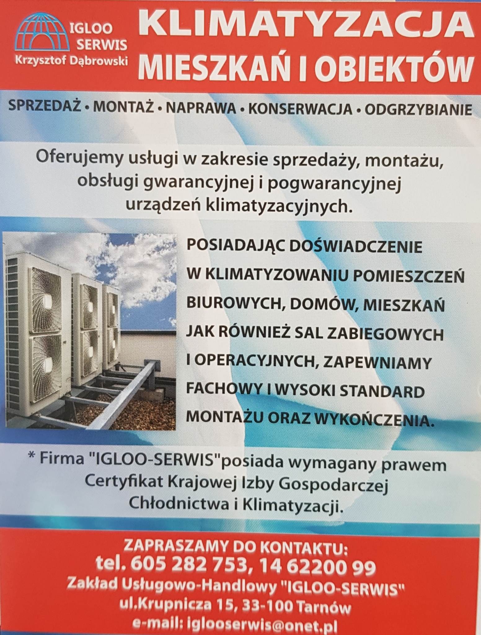 Baner reklamowy firmy IGLOO-SERWIS oferującej klimatyzację mieszkań i obiektów, z ilustracją zewnętrznych jednostek klimatyzacyjnych na dachu i danymi kontaktowymi.