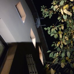 DOM ERA TOM Tomasz Węgiełek - Antena satelitarna zamontowana na elewacji budynku w nocy, obok widoczne drzewo z zielono-żółtymi liśćmi i drabina oparta o ścianę.