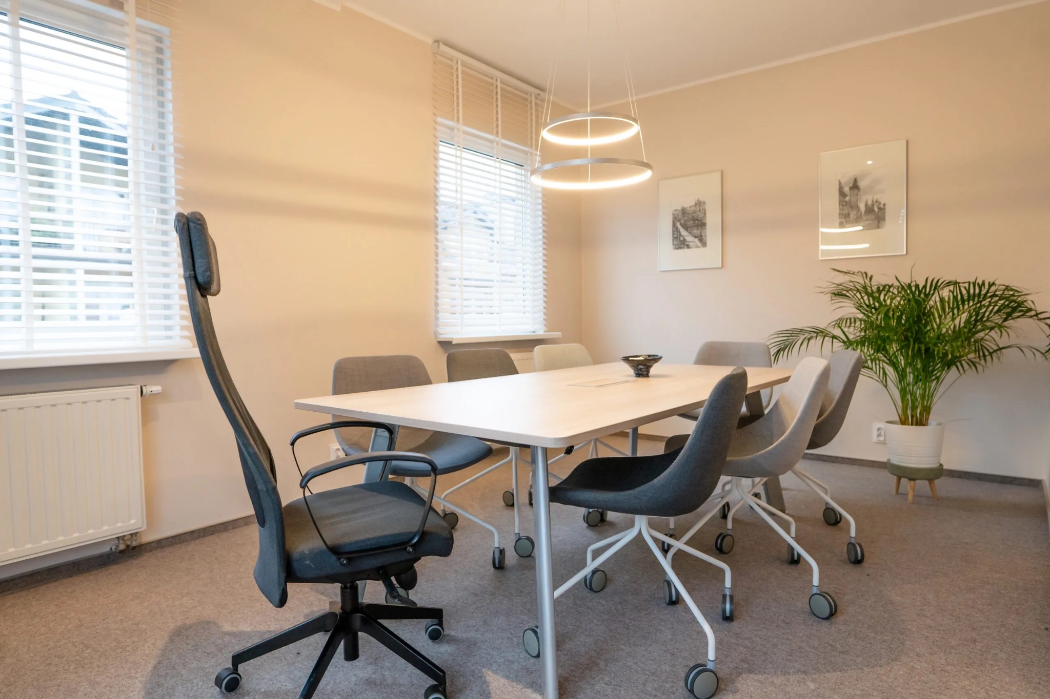 Jasna sala konferencyjna z owalnym stołem, krzesłami na kółkach, nowoczesną lampą pierścieniową i rośliną doniczkową w rogu, ozdobiona obrazami na ścianie.