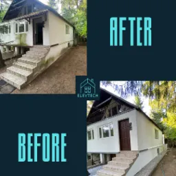 Porównanie elewacji domu przed i po malowaniu: po lewej stronie widoczna zabrudzona, zaniedbana elewacja, po prawej świeżo pomalowana na biało z nowymi schodami i otoczeniem wysypanym kamykami.