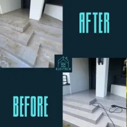 Porównanie stanu schodów wejściowych przed i po czyszczeniu, widoczne różnice w kolorze i czystości płytek, z użyciem myjki ciśnieniowej.