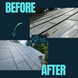 Porównanie dachu przed i po renowacji: górna część ukazuje zabrudzone, matowe pokrycie, dolna prezentuje odnowiony, gładki dach w szarym kolorze z widoczną drabiną Krause.