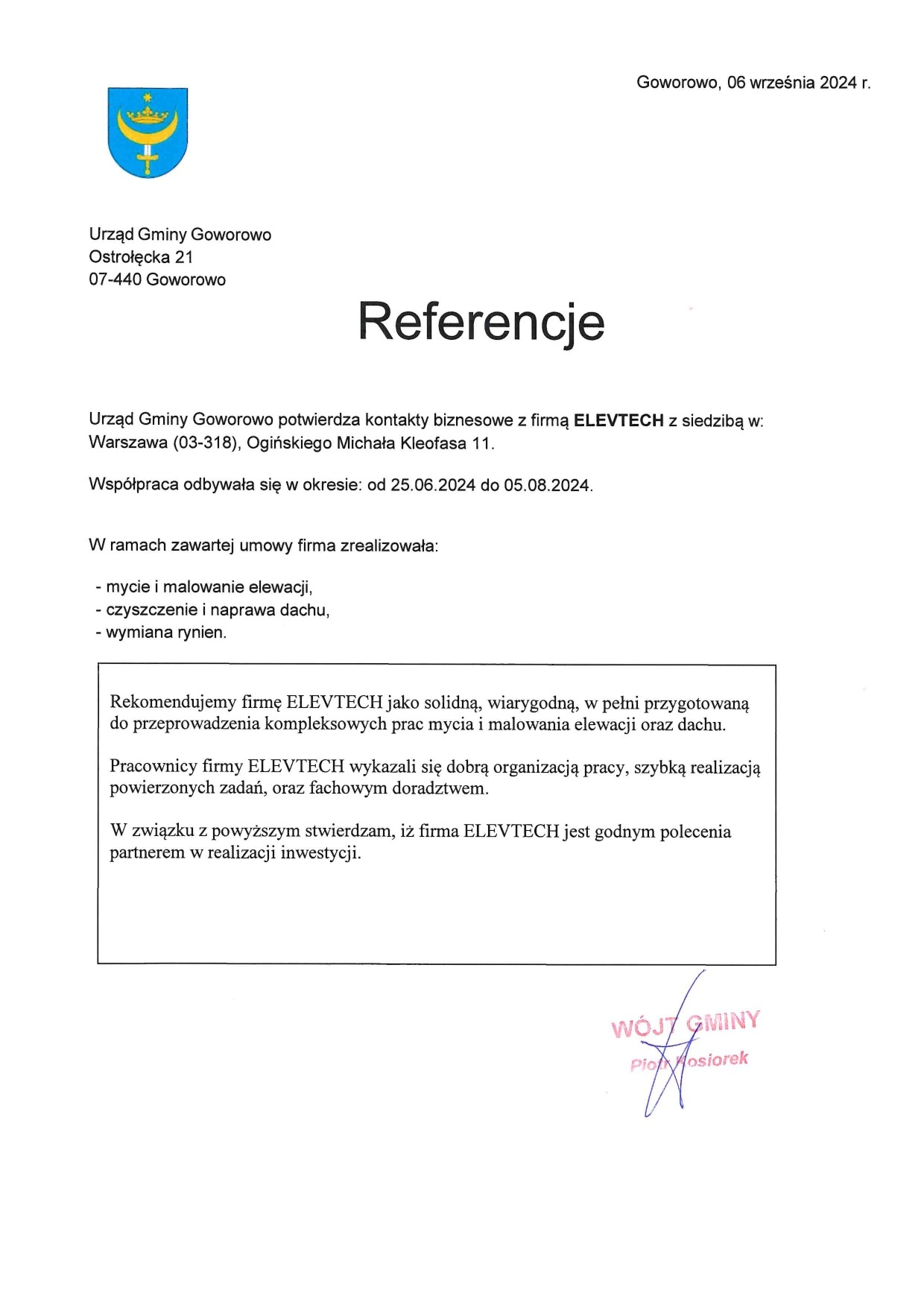 Skan dokumentu referencyjnego od Urzędu Gminy Goworowo dla firmy ELEVTECH, potwierdzający realizację usług mycia i malowania elewacji oraz czyszczenia i naprawy dachu w okresie od 25.06.2024 do 05.