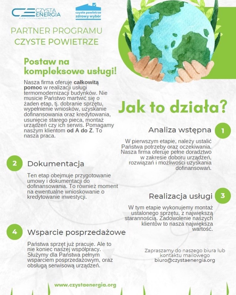 Infografika programu Czyste Powietrze prezentująca etapy realizacji usługi termomodernizacji, od analizy wstępnej i dokumentacji po realizację i wsparcie posprzedażowe, z ilustracją dłoni...