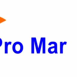 Logo firmy Pro Mar z abstrakcyjnym symbolem złożonym z pomarańczowych i szarych kwadratów, nazwa w kolorze niebieskim.