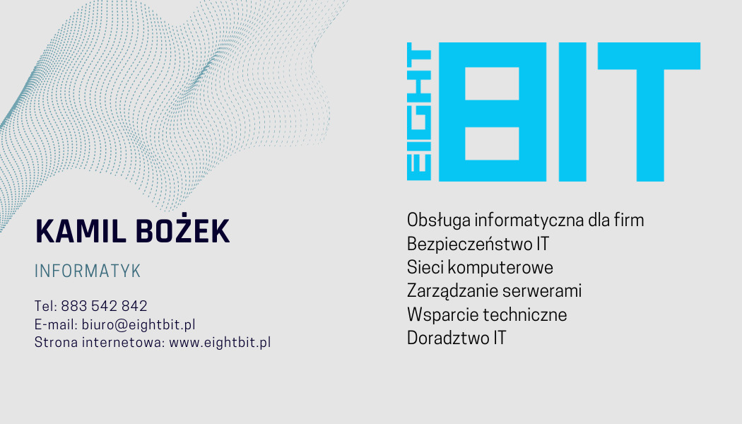 Wizytówka firmy informatycznej z imieniem i nazwiskiem informatyka, numerem telefonu, adresem e-mail i stroną internetową. Obok logo firmy w kolorze niebieskim oraz lista usług: obsługa...