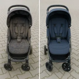 Wózek dziecięcy: po lewej zabrudzony, po prawej wyprany. Efekt czyszczenia tapicerki wózka dziecięcego na tle kostki brukowej. Widok z przodu.