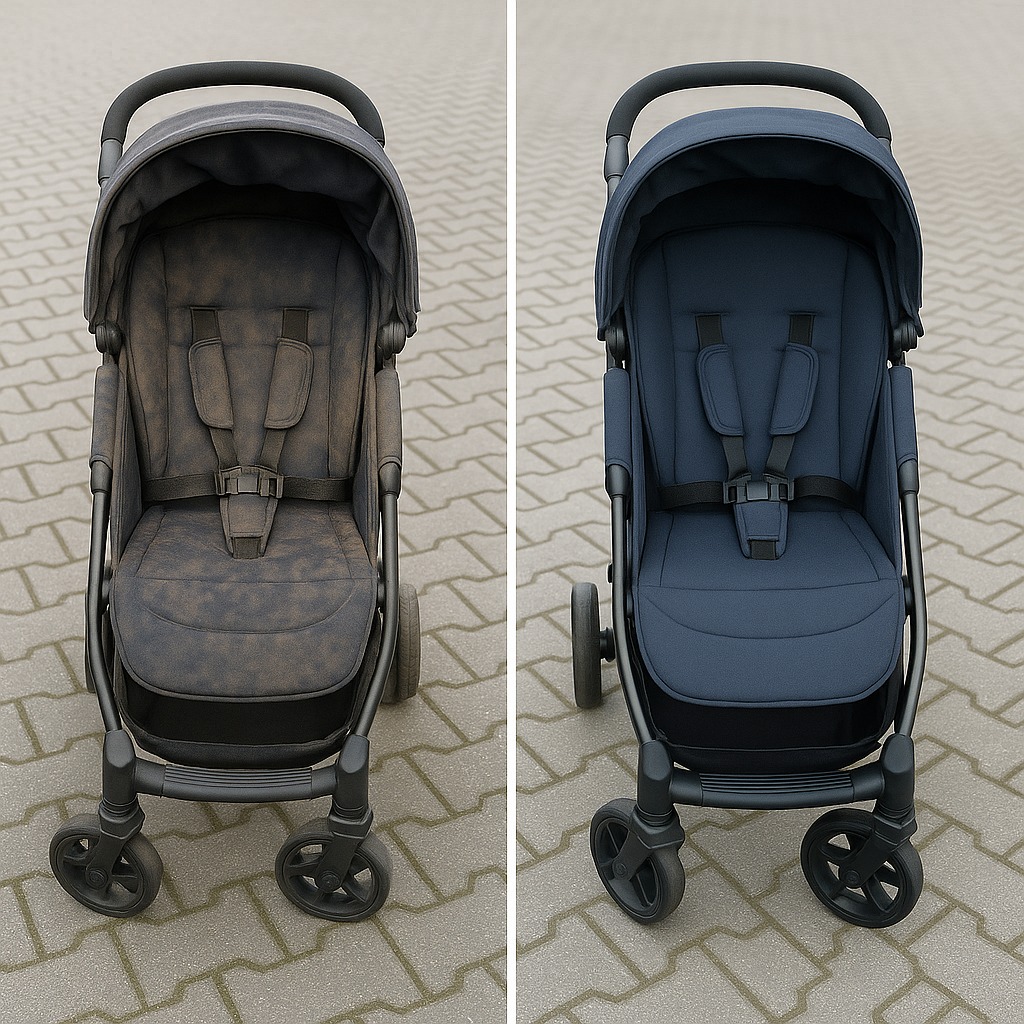 Wózek dziecięcy: po lewej zabrudzony, po prawej wyprany. Efekt czyszczenia tapicerki wózka dziecięcego na tle kostki brukowej. Widok z przodu.