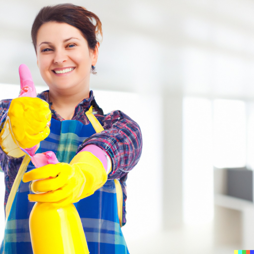 Uśmiechnięta kobieta w niebieskim fartuchu i żółtych rękawicach ochronnych, z kciukiem w górę, trzyma żółtą butelkę ze spryskiwaczem z różową końcówką.