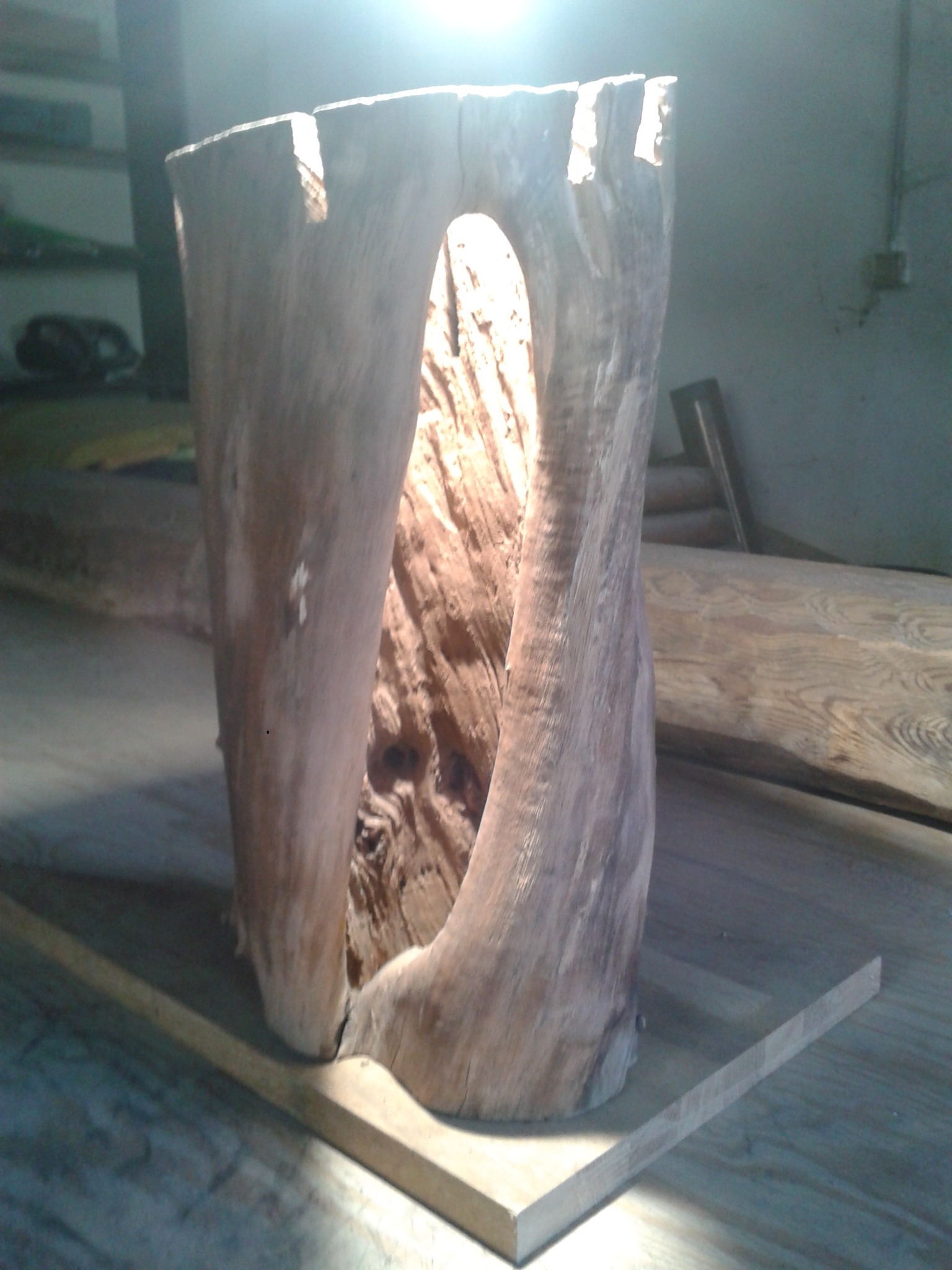 Surowy pień drzewa z wyciętym otworem, stojący na drewnianej płycie, oświetlony od góry, ukazujący naturalną strukturę drewna wewnątrz i na zewnątrz.