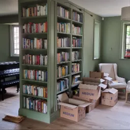 Wnętrze pokoju z zielonymi ścianami, zabudowaną biblioteczką z książkami, czarnym fortepianem i krzesłami, kartony do pakowania sugerują przeprowadzkę lub remont.