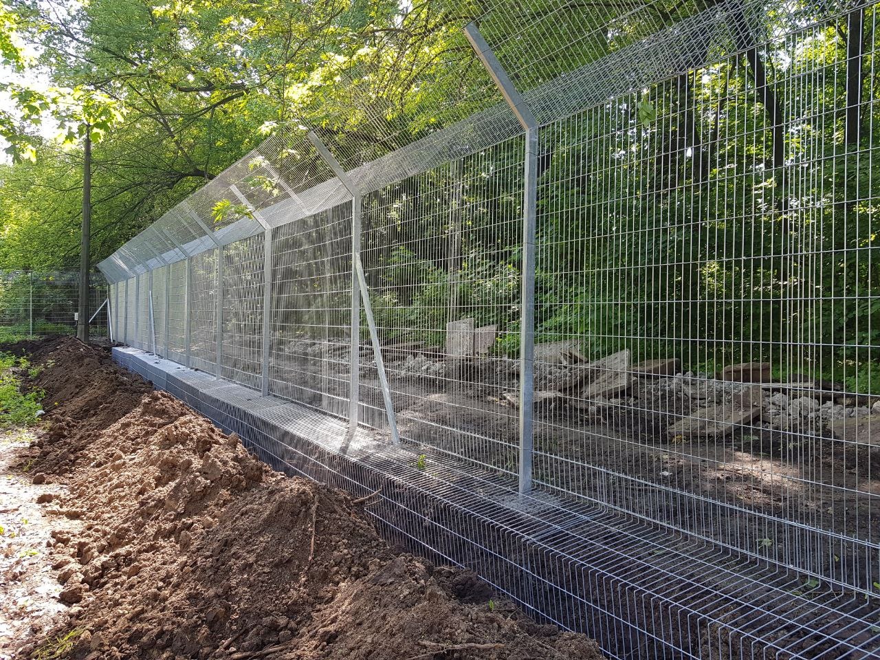 Długi, metalowy płot z siatki, zabezpieczony ostrymi elementami na górze, oddzielający teren leśny, z widocznym wykopem i stertą ziemi wzdłuż podstawy.