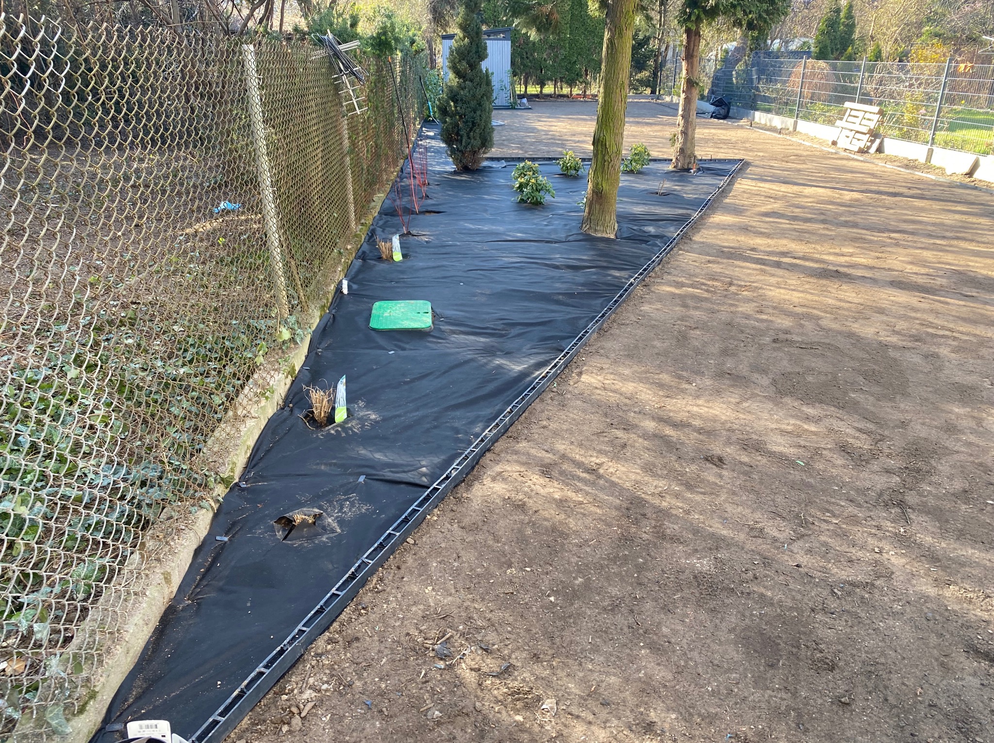 Przygotowanie terenu pod ogród: rozłożona czarna agrowłóknina z wyciętymi otworami pod rośliny i drzewa, obrzeża trawnikowe, siatka ogrodzeniowa w tle.