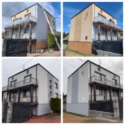 Czteropanelowe ujęcie domu w trakcie i po malowaniu elewacji. Widoczne rusztowania, drabiny i odświeżona, szara kolorystyka budynku z balkonami.