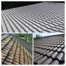 Kolaż dachu: górny fragment to czyste, szare dachówki; dolny lewy - dach pokryty mchem; dolny prawy - dach po czyszczeniu, z widocznymi refleksami słońca.