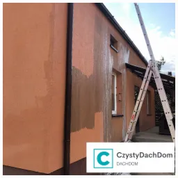 Fragment elewacji budynku z widocznymi śladami po myciu, gdzie część powierzchni jest już czysta, a część jeszcze zabrudzona, obok stoi rozłożona aluminiowa drabina.