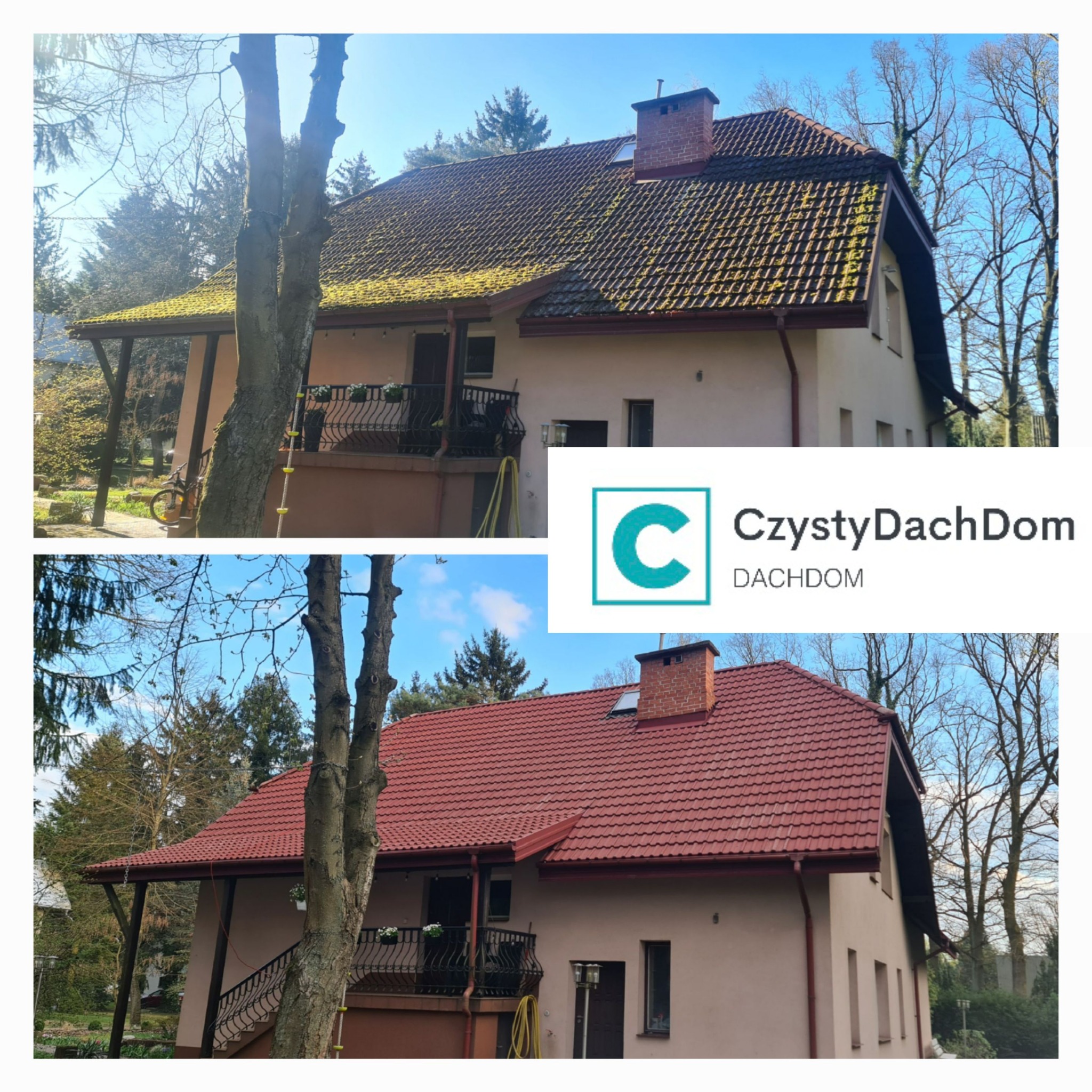 Zdjęcie dachu domu przed i po czyszczeniu. Góra: dach pokryty mchem. Dół: dach z czerwonej dachówki po umyciu, czysty. Widoczne drzewa i fragment elewacji.