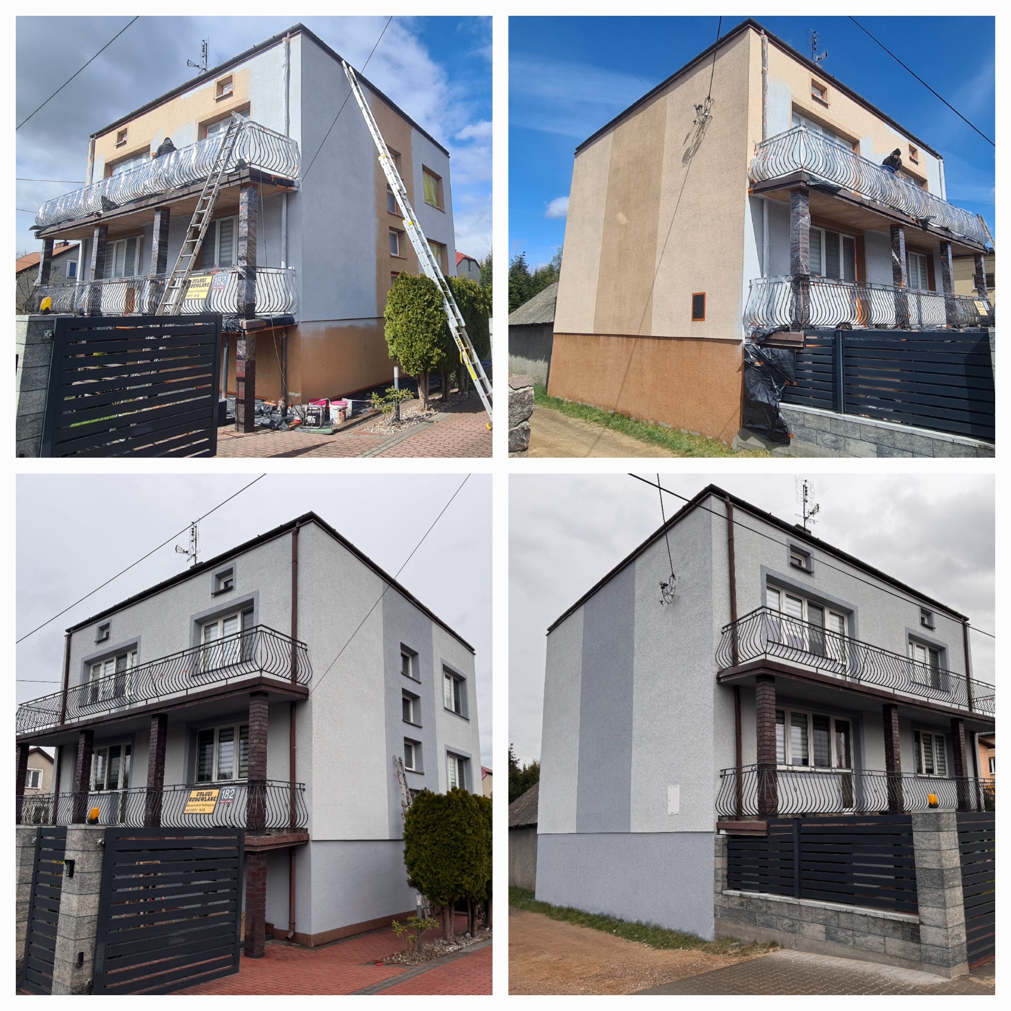 Czteropanelowe ujęcie domu w trakcie i po malowaniu elewacji. Widoczne rusztowania, drabiny i odświeżona, szara kolorystyka budynku z balkonami.