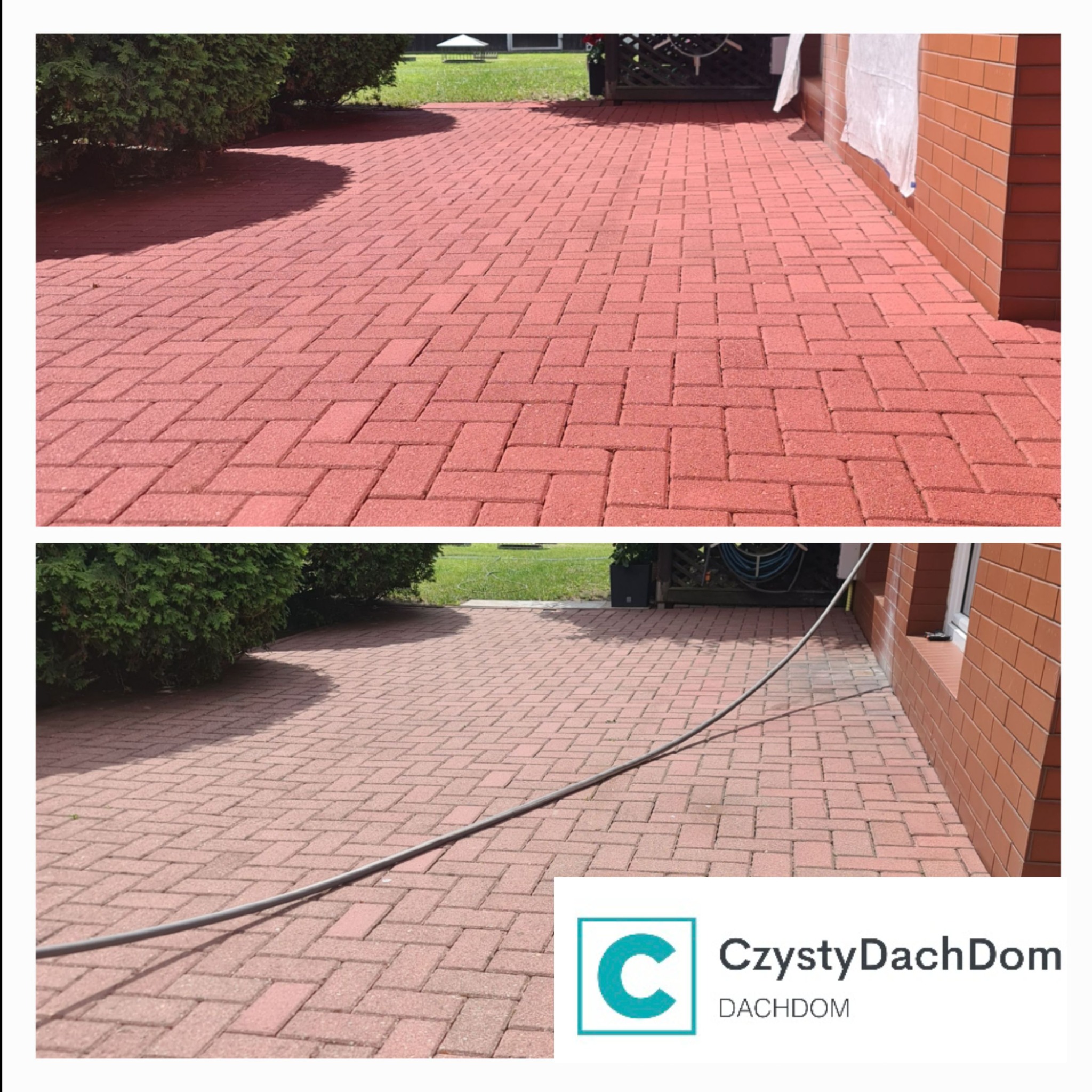 Efekt po umyciu i impregnacji (barwiący) kostki, która ma po nad 20 lat.