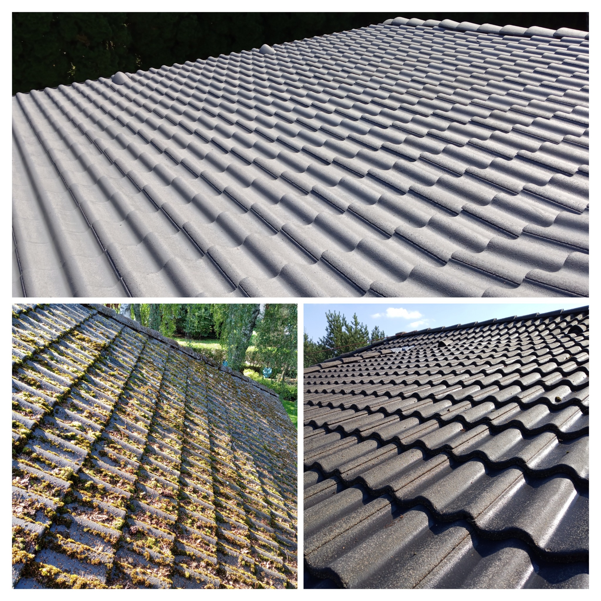 Kolaż dachu: górny fragment to czyste, szare dachówki; dolny lewy - dach pokryty mchem; dolny prawy - dach po czyszczeniu, z widocznymi refleksami słońca.