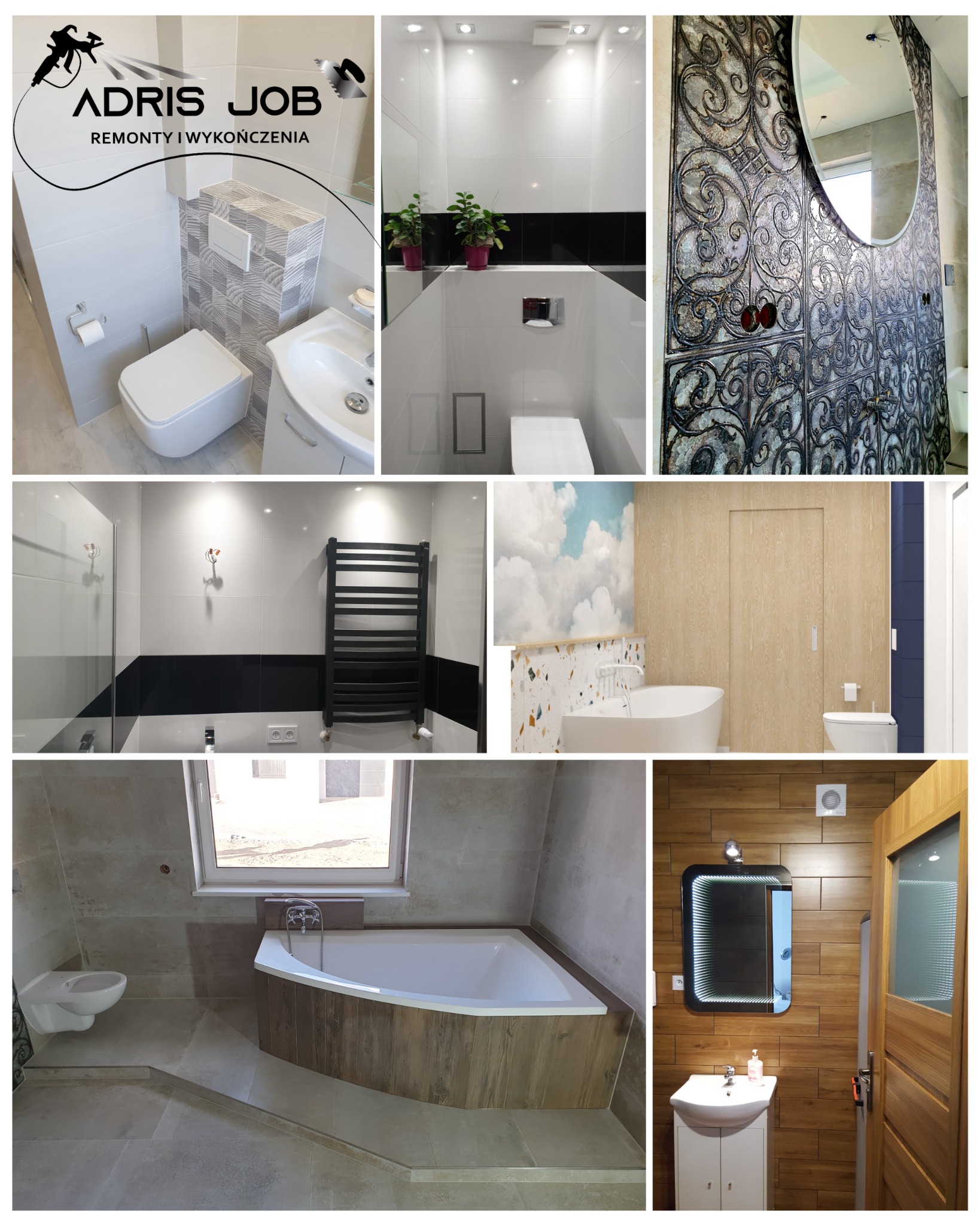 Kolaż przedstawiający różne wykończenia łazienek: nowoczesne płytki, wanna z obudową drewnopodobną, umywalki z szafkami, dekoracyjne lustro, grzejnik drabinkowy, toalety podwieszane i rośliny...